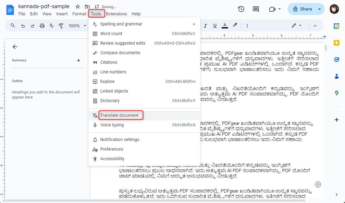 Translate Kannada PDF to English with Google Docs