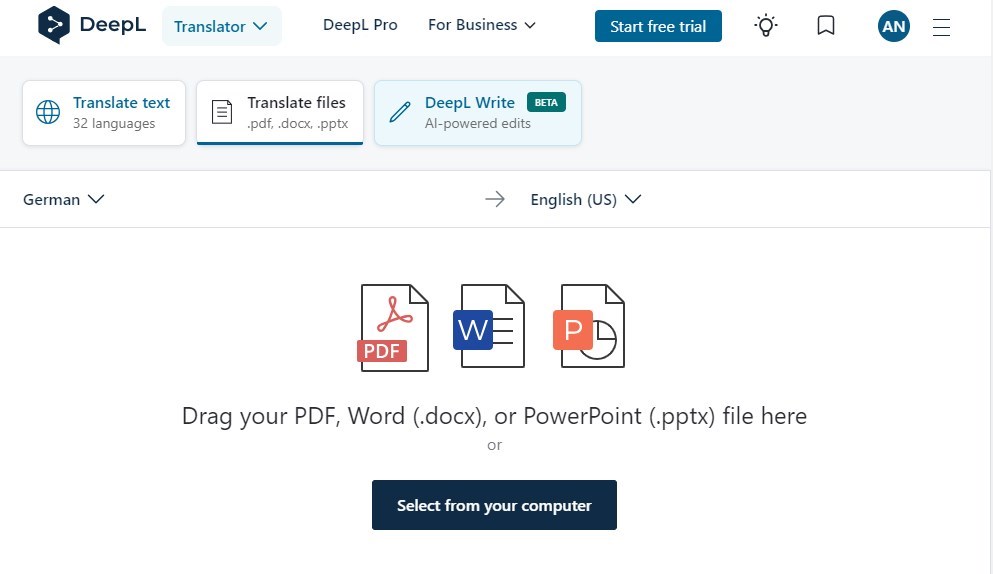 Upload a German PDF to DeepL File Translator