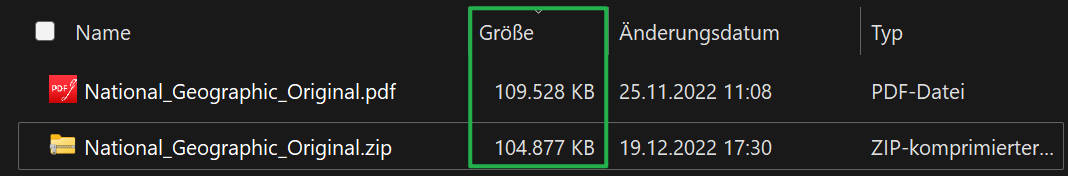 Vergleich der Dateigrößen vor und nach dem Zippen