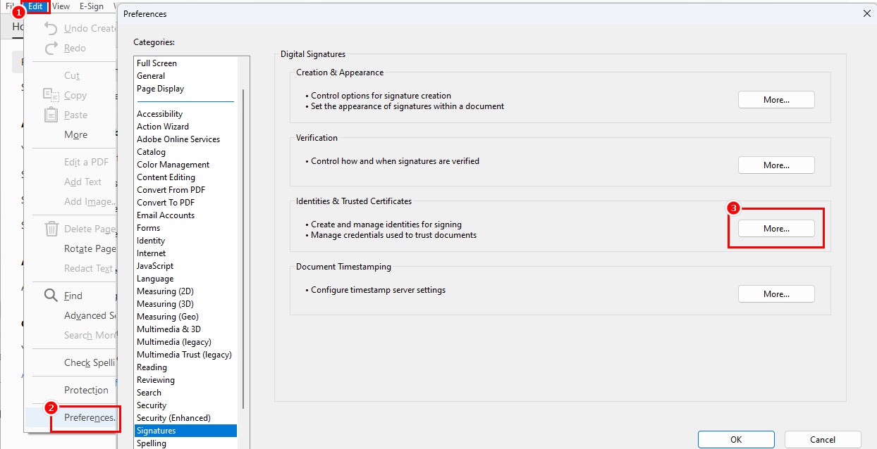 Locate the Identities & Trusted Certificates Button